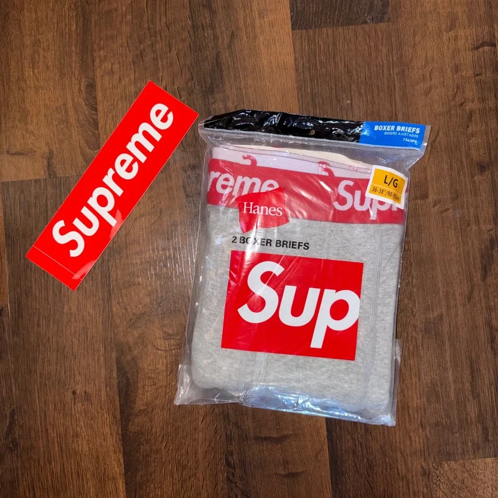 Supreme Hanes Boxer Briefs 2 Pack Heather Grey White Large L New 36-38 Waist